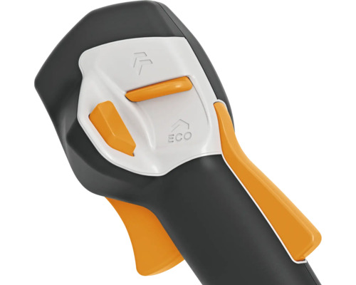 Nahaufnahme eines Gerätegriffs mit Bedienelementen und ECO-Symbol