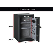Abmessungen des Tresors T6-331ML: Außenmaße 61 mal 39 mal 41 Zentimeter, Innenmaße 58,2 mal 36,3 mal 29,2 Zentimeter.