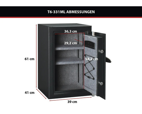 Abmessungen des Tresors T6-331ML: Außenmaße 61 mal 39 mal 41 Zentimeter, Innenmaße 58,2 mal 36,3 mal 29,2 Zentimeter.