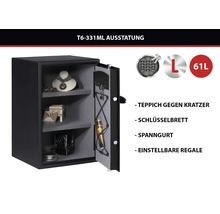 Möbeltresor T6-331ML mit 61 Litern Volumen, elektronischem Zahlenschloss, verstellbaren Regalen, Teppichauskleidung, Schlüsselbrett und Spanngurt.