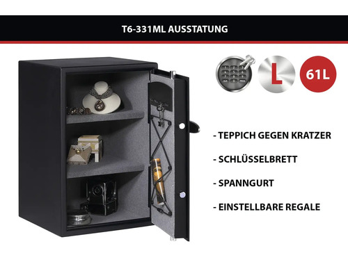 Möbeltresor T6-331ML mit 61 Litern Volumen, elektronischem Zahlenschloss, verstellbaren Regalen, Teppichauskleidung, Schlüsselbrett und Spanngurt.