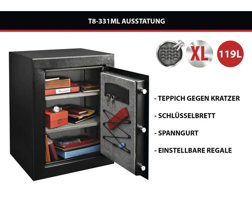 Schwarzer Tresor mit elektronischem Zahlenschloss, 119 Liter Fassungsvermögen, Teppichboden, Schlüsselbrett, Spanngurt und verstellbaren Regalen.