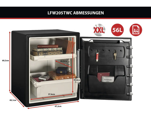 Tresor LFW205TWC, Abmessungen: Höhe 60,3 Zentimeter, Breite 47,2 Zentimeter, Tiefe 49,1 Zentimeter, Volumen 56 Liter, passend für Dokumente Format A4.
