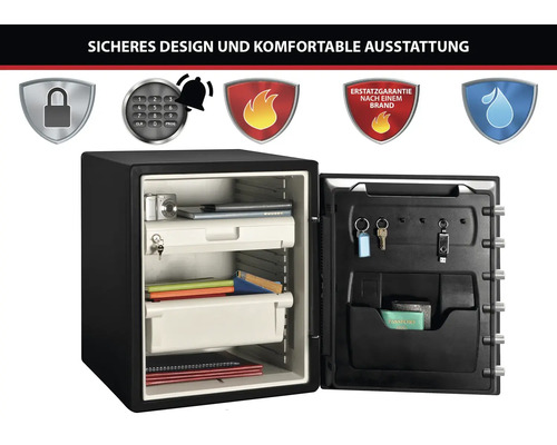 Geöffneter Tresor mit Zahlenschloss, Alarm, Feuer- und Wasserschutz sowie organisierter Inneneinteilung für Wertsachen.