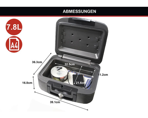 Geöffneter Safe mit den Massangaben 39,1 x 36,3 x 16,8 cm und einem Fassungsvermögen von 7,8 Litern, geeignet für Dokumente im A4 Format