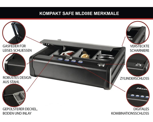 Geöffneter schwarzer Kompakt Safe MLD08E mit Stahl Design, Zylinderschloss, digitalem Kombinationsschloss und Gasfeder für leises Schliessen