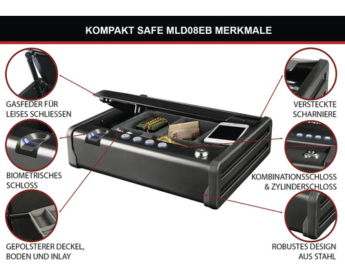 Kompaktes Stahl Safe mit Gasdruckfeder, biometrischem Schloss, Kombinationsschloss, Zylinderschloss und gepolstertem Innenraum
