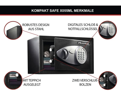 Kompaktes Stahl-Safe mit digitalem Schloss und Notfallschlüssel von Master Lock, ausgelegt mit Teppich und zwei Verschlussbolzen.