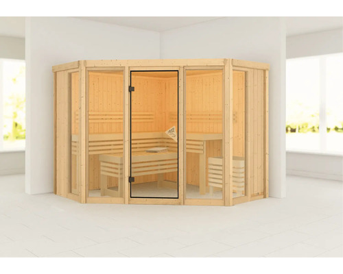 Ecksauna mit Holzbänken und Glastür in hellem Raum