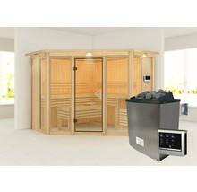 Elementsauna Karibu Armira 2 inkl. 9 kW Ofen u.ext.Steuerung mit Dachkranz und Ganzglasfensterfront