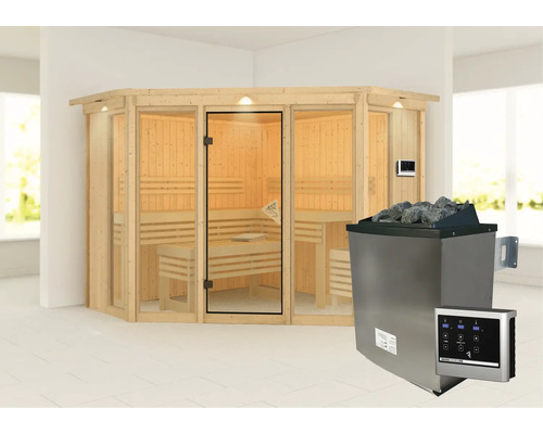 Ecksauna aus Holz mit Saunaofen und Steuerung
