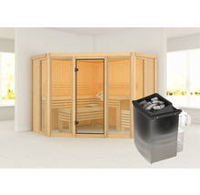 Elementsauna Karibu Armira 2 inkl. 9 kW Ofen u.integr.Steuerung ohne Dachkranz mit Ganzglasfensterfront