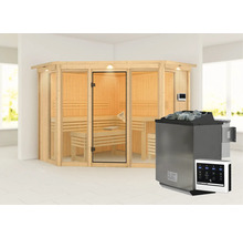 Elementsauna Karibu Armira 2 inkl. 9 kW Bio Ofen u.ext.Steuerung mit Dachkranz und Ganzglasfensterfront