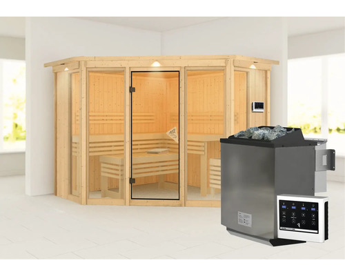 Moderne Sauna mit Glasfront und Saunaofen mit Steinen