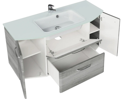 Waschtisch mit Waschbecken, Türen und Schublade offen