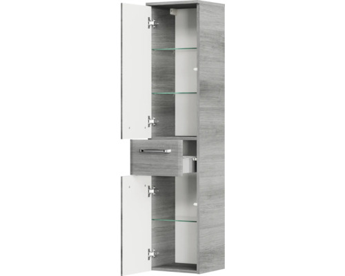 Hochschrank mit zwei Türen, einer Schublade und Regalböden aus Glas