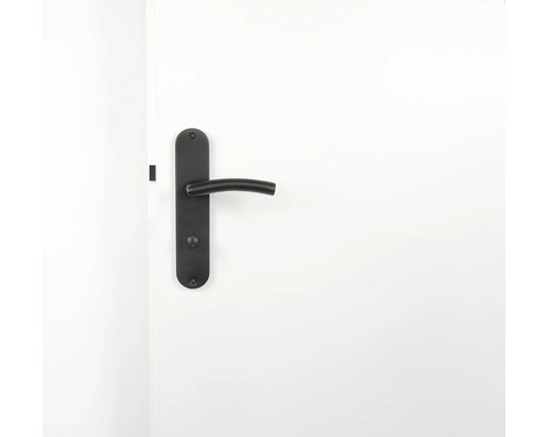 Schwarze Türgarnitur mit Langschild an einer weißen Tür