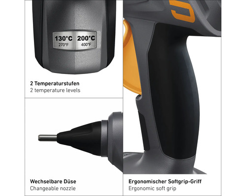 Heißluftpistole Detailansicht: Temperatureinstellungen, wechselbare Düse und ergonomischer Softgriff