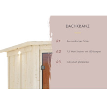 Detailansicht eines Saunahauses aus nordischer Fichte mit Dachkranz