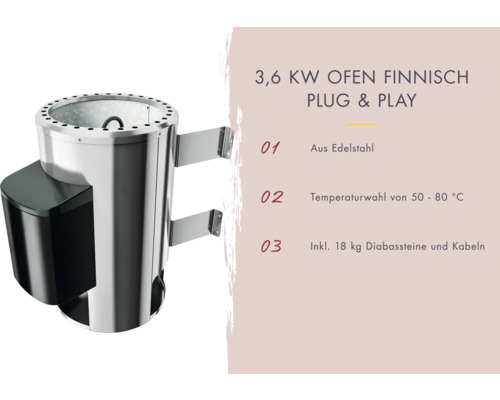 3,6 Kilowatt finnischer Saunaofen für den Plug-and-Play-Anschluss aus Edelstahl, mit Temperaturwahl von 50 bis 80 Grad Celsius, inklusive 18 Kilogramm Diabassteinen und Kabeln.