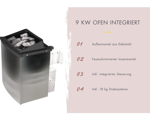 Saunaofen mit 9 Kilowatt Leistung, Edelstahl Außenmantel, feuerverzinktem Innenmantel, integrierter Steuerung und 18 Kilogramm Diabassteinen