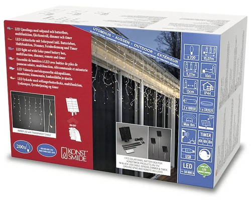 Verpackung einer LED Lichterkette mit Solarpanel, Batteriebox, Multifunktion, Dimmer, Fernbedienung und Timer