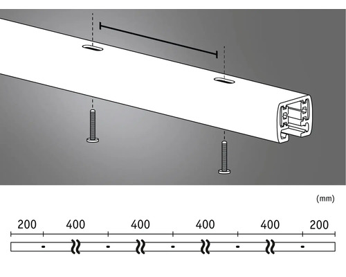 Darstellung einer Montageschiene mit Maßangaben in Millimetern
