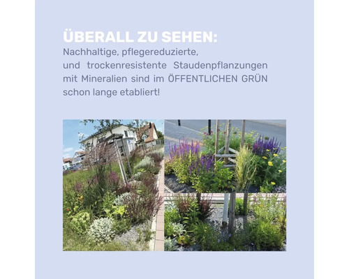 Drei Landschaftsansichten mit nachhaltigen, pflegeleichten und trockenheitsresistenten Staudenbeeten mit Mineralien.