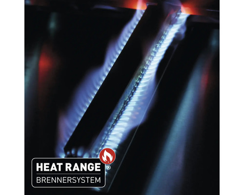 Detailaufnahme des Zündsystems eines Gasgrills mit blauen Flammen und roter Hitze.