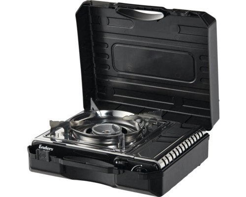 Tragbarer Gaskocher mit geöffnetem Deckel