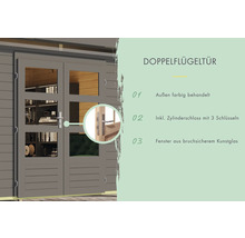 Doppelflügeltür mit farbiger Behandlung, Zylinderschloss und bruchsicherem Kunstglas