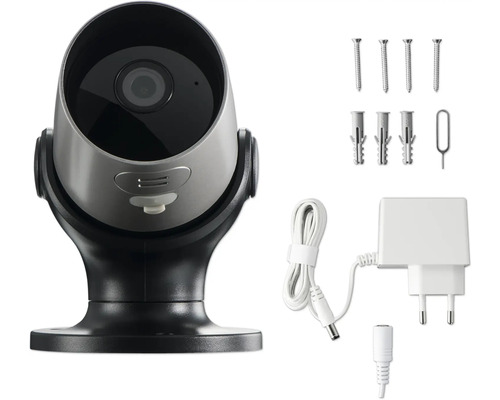 Überwachungskamera mit Zubehör wie Schrauben, Dübel, Netzkabel und Netzteil