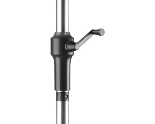 Detailaufnahme eines höhenverstellbaren Tischgestells mit Handkurbel