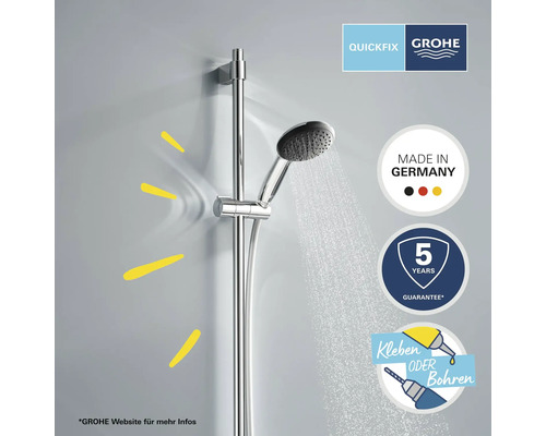Grohe Duschstangenset mit Handbrause und Hinweisen zu Quickfix, Made in Germany, fünf Jahre Garantie und Kleben oder Bohren