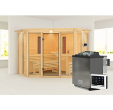 Sauna mit Saunaofen und Saunasteinen in einem hellen Raum