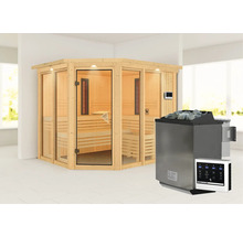Elementsauna Karibu Avara inkl .9 kW Bio Ofen u.ext.Steuerung mit Dachkranz und bronzierter Ganzglastüre