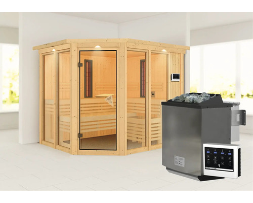 Ecksauna aus Holz mit Saunaofen und Steuerung