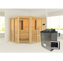 Elementsauna Karibu Avara inkl. 9 kW Ofen u.ext.Steuerung ohne Dachkranz mit bronzierter Ganzglastüre