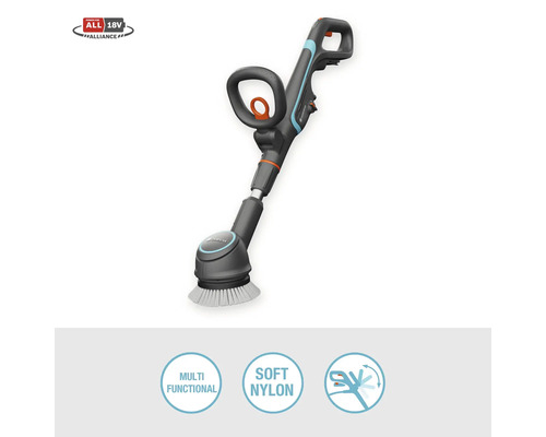 Gardena Akku-Bürste für den Außenbereich mit weichen Nylonborsten und Power for All 18 Volt Allianz Logo