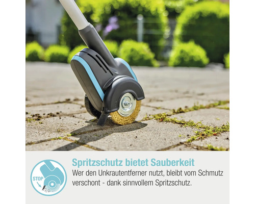 Unkrautentferner im Einsatz auf Pflastersteinen