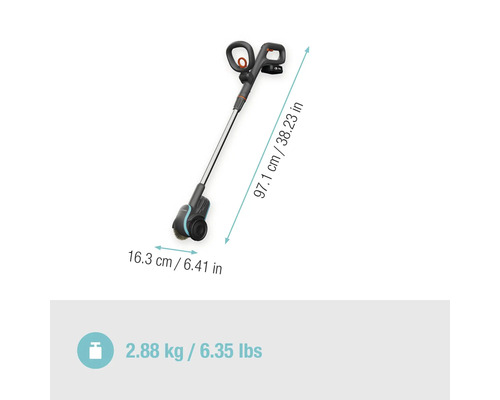 Gardena Akku-Fugenbürste mit Maßangaben zu Länge, Breite und Gewicht