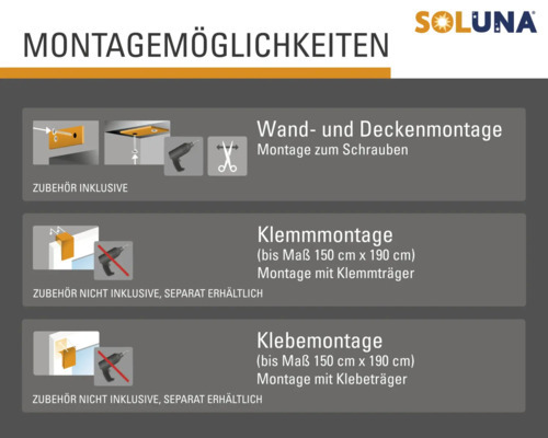 Montageoptionen für Soluna Produkte: Wand-, Decken-, Klemm- und Klebemontage.