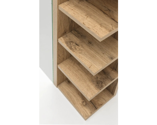 Regal mit Holzoptik und mehreren Ablageflächen.