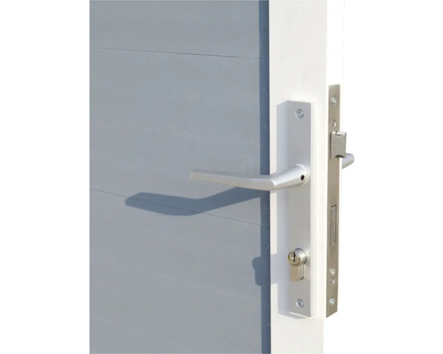 Nahaufnahme einer Tür mit silberfarbenem Türgriff und Schloss