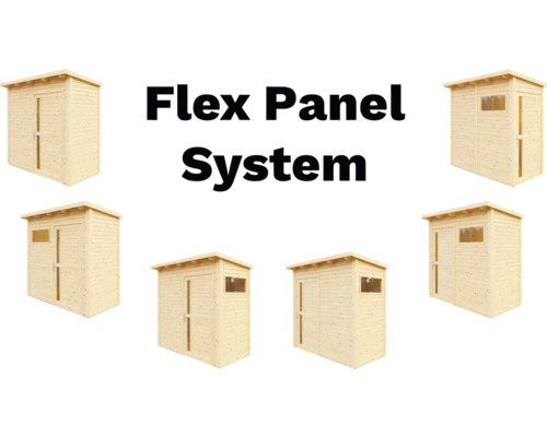 Mehrere Holzhütten mit Fenster und Tür, dargestellt als Flex Panel System.