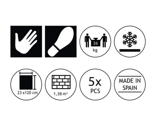 Symbolbild: Hand, Fußabdruck, Gewicht, Frostbeständigkeit, Größe 23 x 120 cm, Fläche 1,38 m², 5 Stück, Hergestellt in Spanien