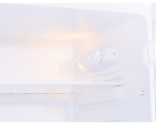 Innenansicht eines Kühlschranks mit Temperaturregler und Fachboden