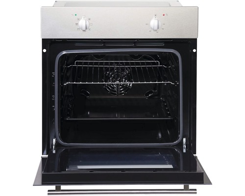 Einbaubackofen mit geöffneter Tür, inklusive Gitterrost und Ventilator