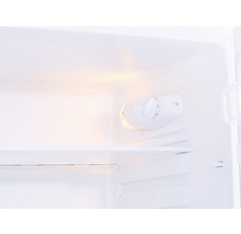 Innenraum eines Kühlschranks mit Temperaturregler und Regalböden