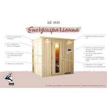 Energiespar-Elementsauna Karibu Benina inkl.3,6 kW Ofen u.ext.Steuerung mit Dachkranz mit Holztüre und Isolierglas wärmegedämmt